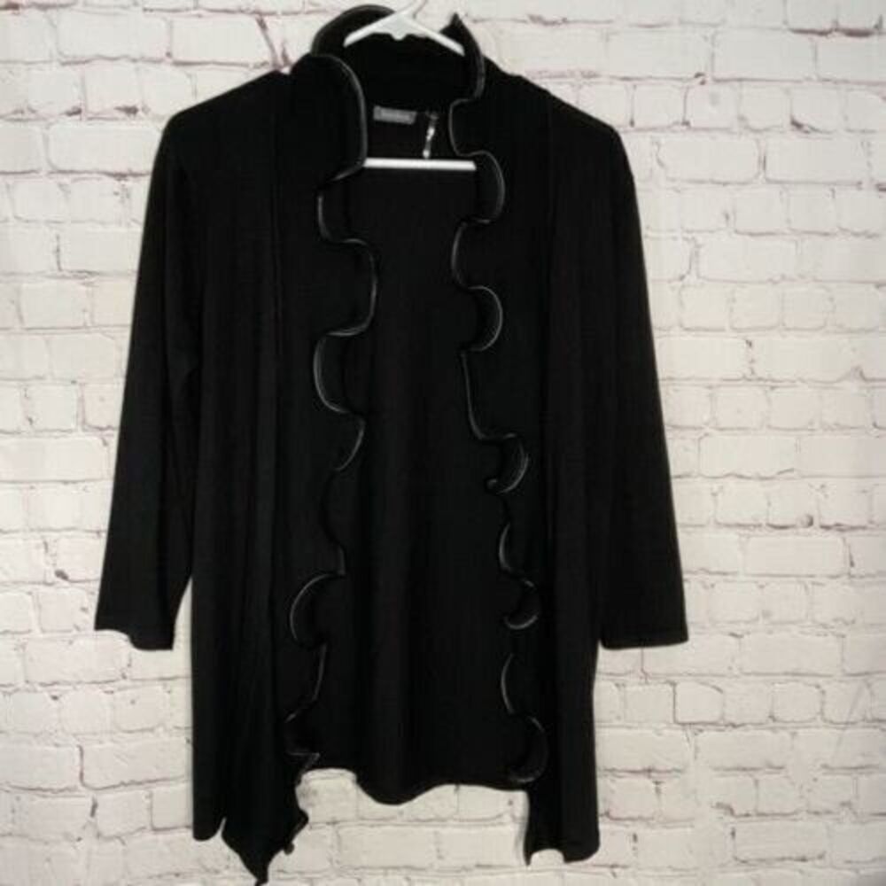 Neiman Marcus Faux Leather Trim 3/4 Sleeve Open Front Cardigan Women Size M - Picture 8 of 9